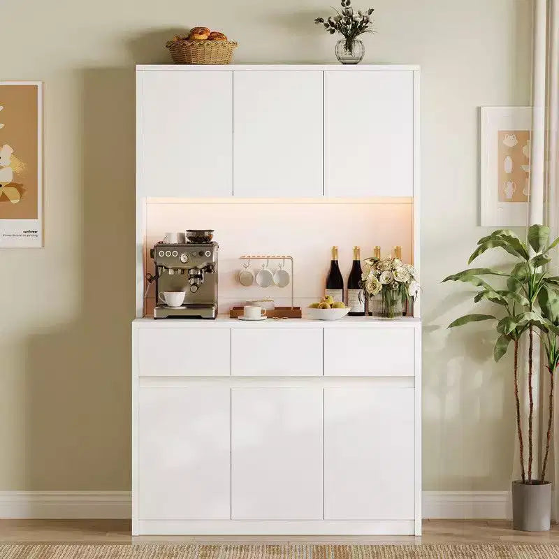 Coolmee Meuble de cuisine garde-manger 180 cm, Armoire de rangement avec lumières LED et prises de courant, Buffet avec support micro-ondes, Étagères réglables