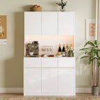 Coolmee Meuble de cuisine garde-manger 180 cm, Armoire de rangement avec lumières LED et prises de courant, Buffet avec support micro-ondes, Étagères réglables