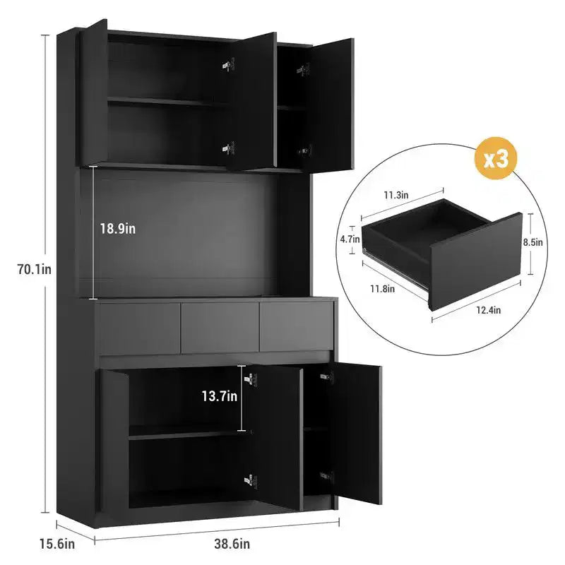 Coolmee Meuble de cuisine garde-manger 180 cm, Armoire de rangement avec lumières LED et prises de courant, Buffet avec support micro-ondes, Étagères réglables