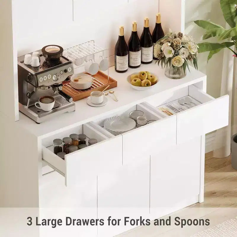 Coolmee Meuble de cuisine garde-manger 180 cm, Armoire de rangement avec lumières LED et prises de courant, Buffet avec support micro-ondes, Étagères réglables
