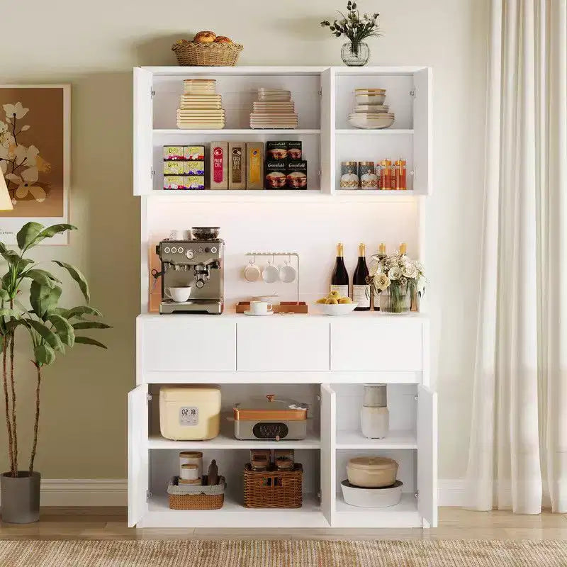 Coolmee Meuble de cuisine garde-manger 180 cm, Armoire de rangement avec lumières LED et prises de courant, Buffet avec support micro-ondes, Étagères réglables