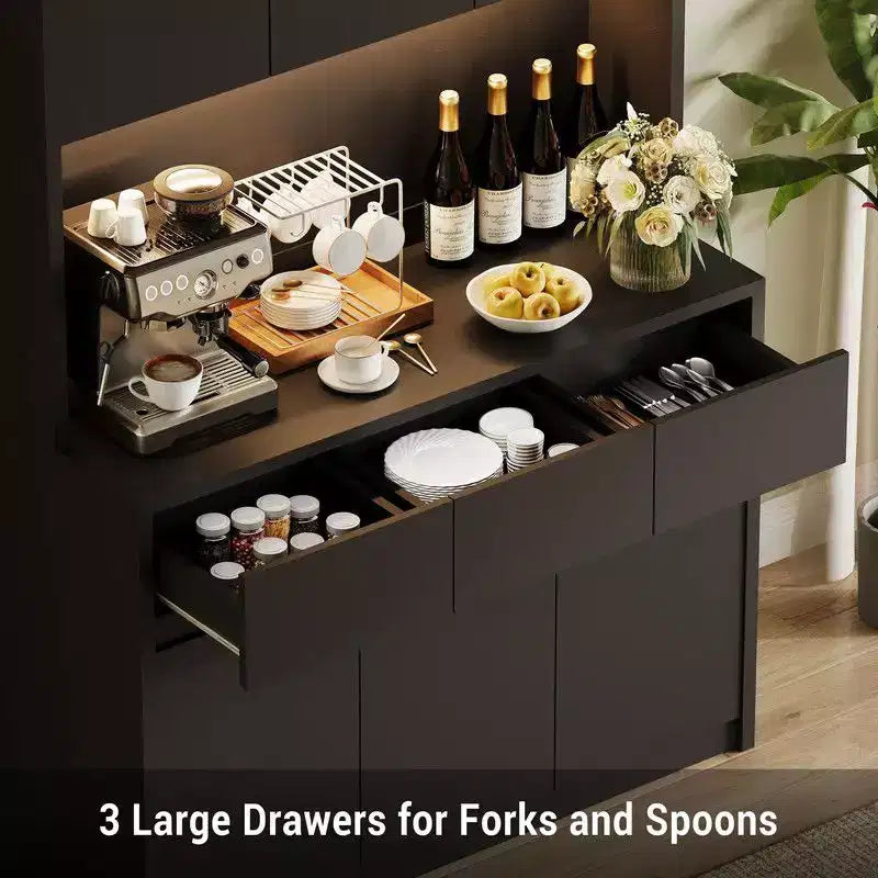 Coolmee Meuble de cuisine garde-manger 180 cm, Armoire de rangement avec lumières LED et prises de courant, Buffet avec support micro-ondes, Étagères réglables