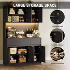 Coolmee Meuble de cuisine garde-manger 180 cm, Armoire de rangement avec lumières LED et prises de courant, Buffet avec support micro-ondes, Étagères réglables