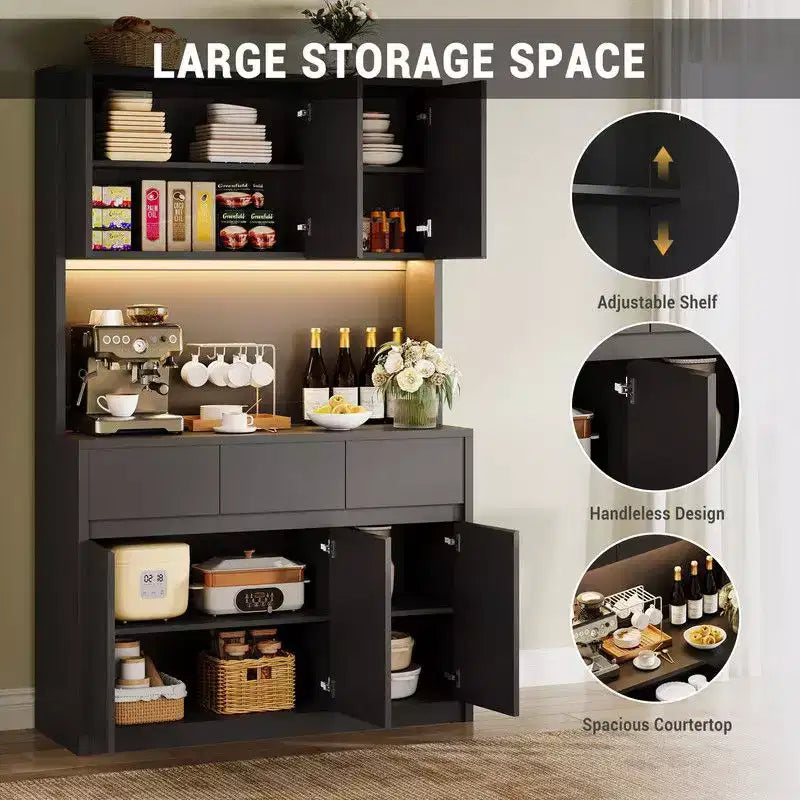 Coolmee Meuble de cuisine garde-manger 180 cm, Armoire de rangement avec lumières LED et prises de courant, Buffet avec support micro-ondes, Étagères réglables