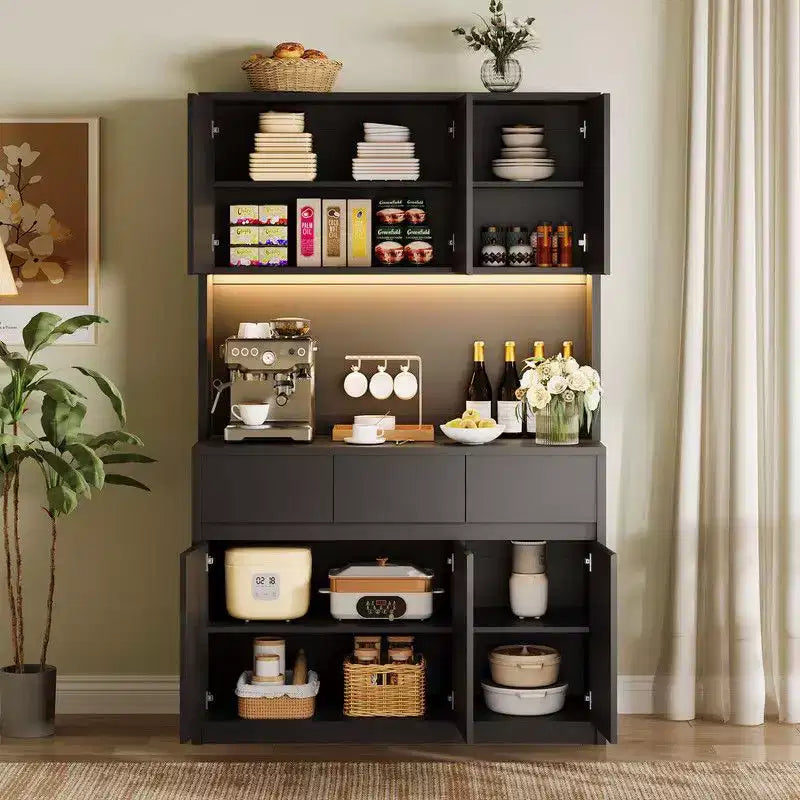 Coolmee Meuble de cuisine garde-manger 180 cm, Armoire de rangement avec lumières LED et prises de courant, Buffet avec support micro-ondes, Étagères réglables