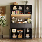 Coolmee Meuble de cuisine garde-manger 180 cm, Armoire de rangement avec lumières LED et prises de courant, Buffet avec support micro-ondes, Étagères réglables