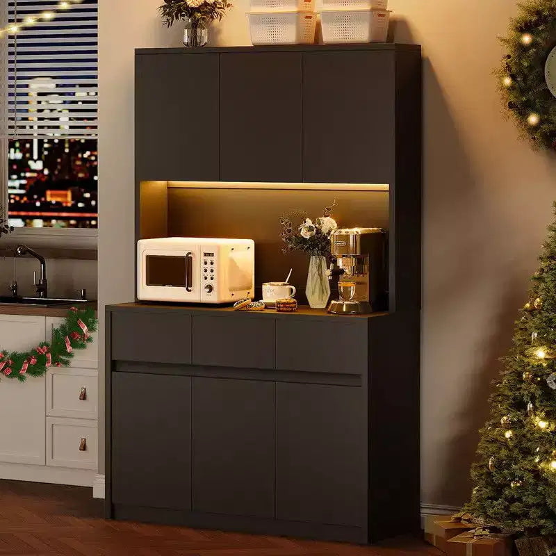 Coolmee Meuble de cuisine garde-manger 180 cm, Armoire de rangement avec lumières LED et prises de courant, Buffet avec support micro-ondes, Étagères réglables