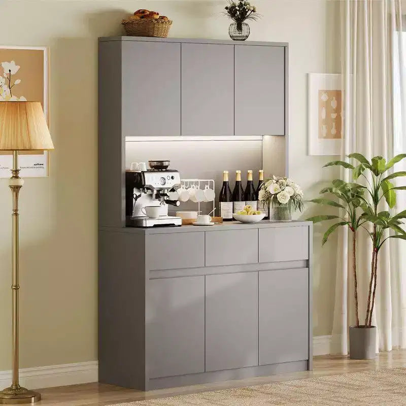 Coolmee Meuble de cuisine garde-manger 180 cm, Armoire de rangement avec lumières LED et prises de courant, Buffet avec support micro-ondes, Étagères réglables