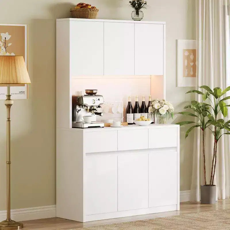 Coolmee Meuble de cuisine garde-manger 180 cm, Armoire de rangement avec lumières LED et prises de courant, Buffet avec support micro-ondes, Étagères réglables