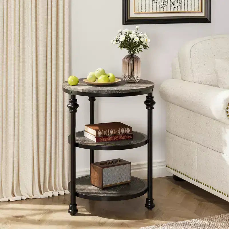 CuisinSmart 3 Tiers Round End Table with Storage Shelves, Rustic Round Farmhouse Side Table with Mental Support Legs for Living Room Bedroom