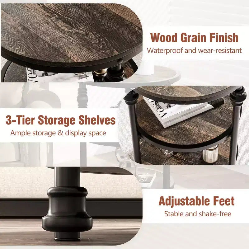 CuisinSmart Table d'appoint ronde à 3 niveaux avec étagères de rangement, Table d'appoint ronde rustique de style ferme avec pieds de support métalliques pour salon et chambre