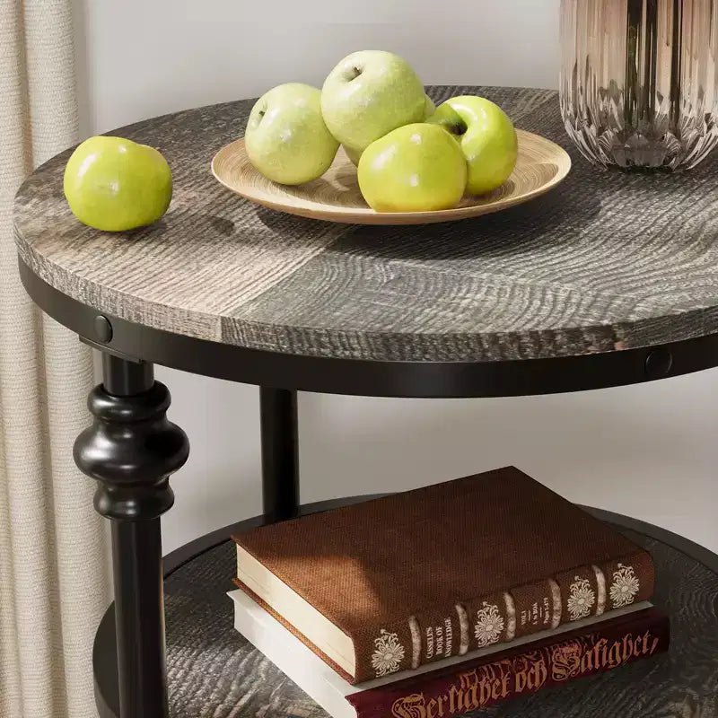 CuisinSmart Table d'appoint ronde à 3 niveaux avec étagères de rangement, Table d'appoint ronde rustique de style ferme avec pieds de support métalliques pour salon et chambre