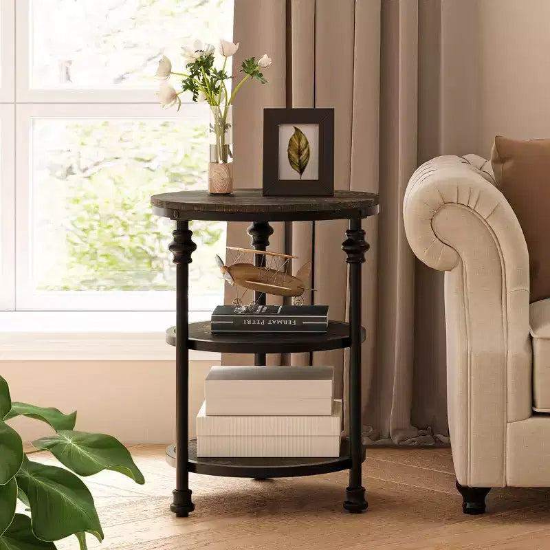 CuisinSmart Table d'appoint ronde à 3 niveaux avec étagères de rangement, Table d'appoint ronde rustique de style ferme avec pieds de support métalliques pour salon et chambre