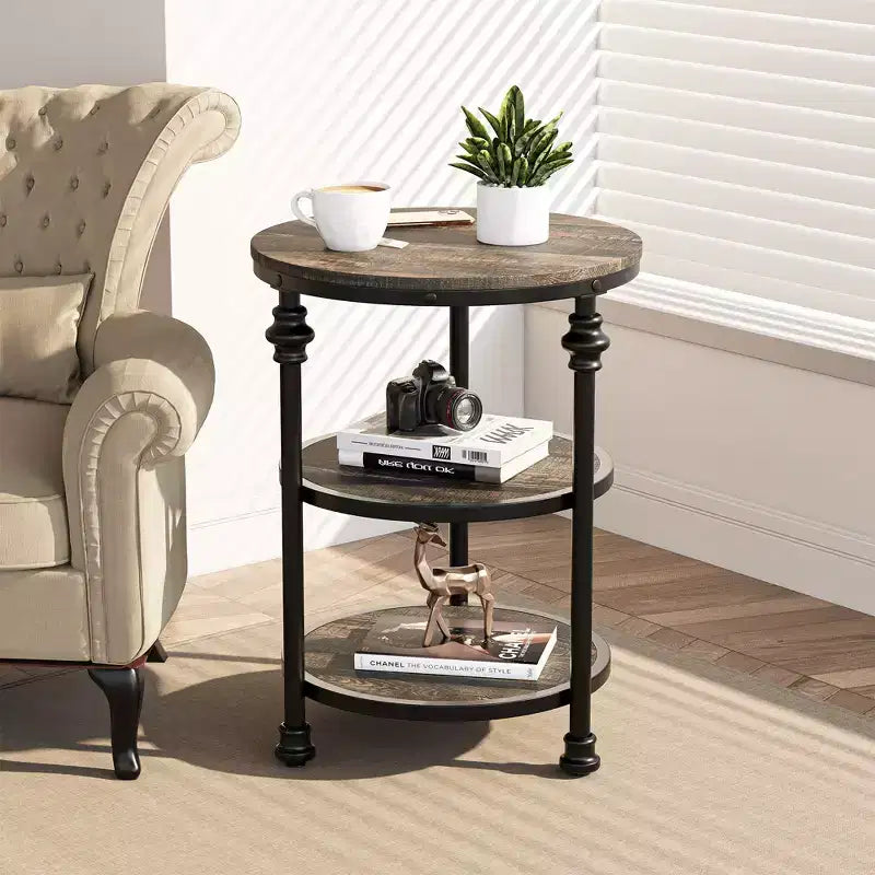CuisinSmart Table d'appoint ronde à 3 niveaux avec étagères de rangement, Table d'appoint ronde rustique de style ferme avec pieds de support métalliques pour salon et chambre