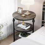 CuisinSmart Table d'appoint ronde à 3 niveaux avec étagères de rangement, Table d'appoint ronde rustique de style ferme avec pieds de support métalliques pour salon et chambre