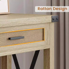 Table d'entrée de style rustique avec 2 tiroirs, console en bois avec accents en rotin, parfaite pour le salon, le hall d'entrée, le couloir