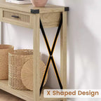 Table d'entrée de style rustique avec 2 tiroirs, console en bois avec accents en rotin, parfaite pour le salon, le hall d'entrée, le couloir