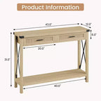 Table d'entrée de style rustique avec 2 tiroirs, console en bois avec accents en rotin, parfaite pour le salon, le hall d'entrée, le couloir