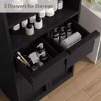 Armoire de salle de bain haute, Meuble de rangement sur pied avec portes et 2 tiroirs, Armoire de rangement haute de 130 cm pour salle de bain, salon