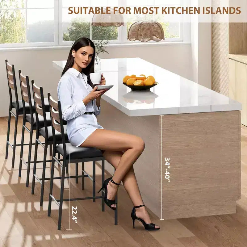 Ensemble de 2 tabourets de bar en bois hauteur comptoir avec dossier, repose-pieds et coussin épais pour îlot de cuisine ou appartement