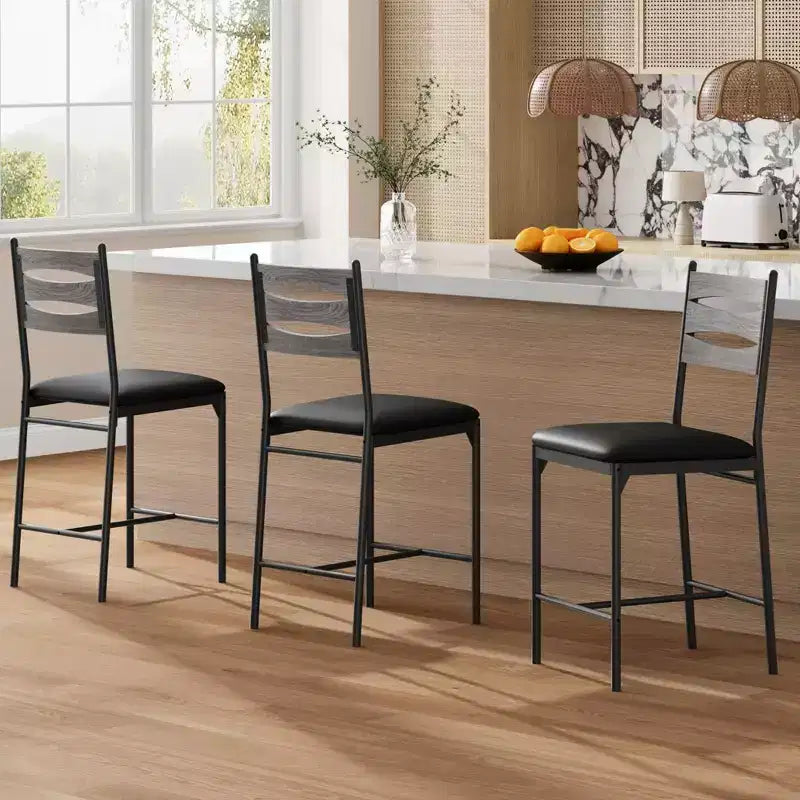 Ensemble de 2 tabourets de bar en bois hauteur comptoir avec dossier, repose-pieds et coussin épais pour îlot de cuisine ou appartement