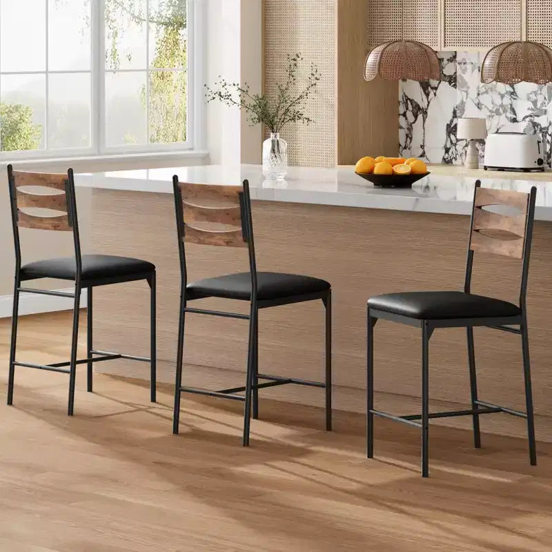 Ensemble de 2 tabourets de bar en bois hauteur comptoir avec dossier, repose-pieds et coussin épais pour îlot de cuisine ou appartement