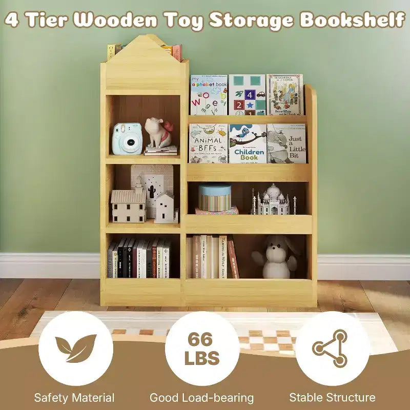 Zevemomo Étagère pour enfants à 4 niveaux et rangement de jouets, Bibliothèque en bois pour enfants, Rangement de jouets avec étagère pour salle de jeux, salle de classe, chambre, bibliothèque, beige