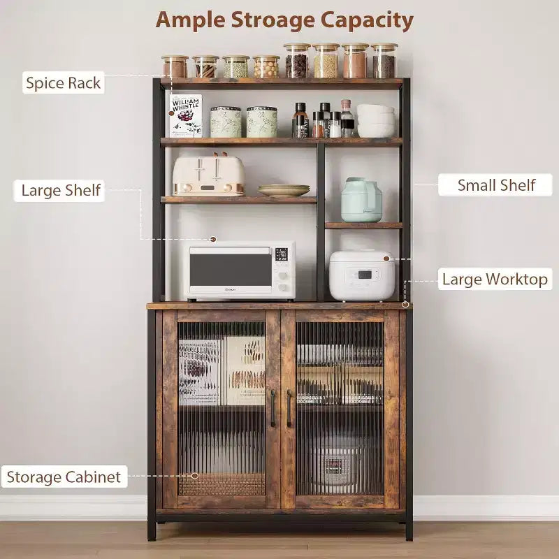 COZONY Étagère de cuisine 64" avec armoire, desserte micro-ondes 5 niveaux avec crochets et rangement de porte, meuble de bar à café industriel, marron