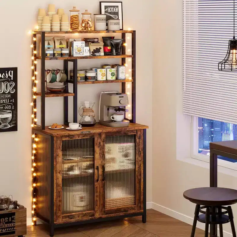 COZONY Étagère de cuisine 64" avec armoire, desserte micro-ondes 5 niveaux avec crochets et rangement de porte, meuble de bar à café industriel, marron