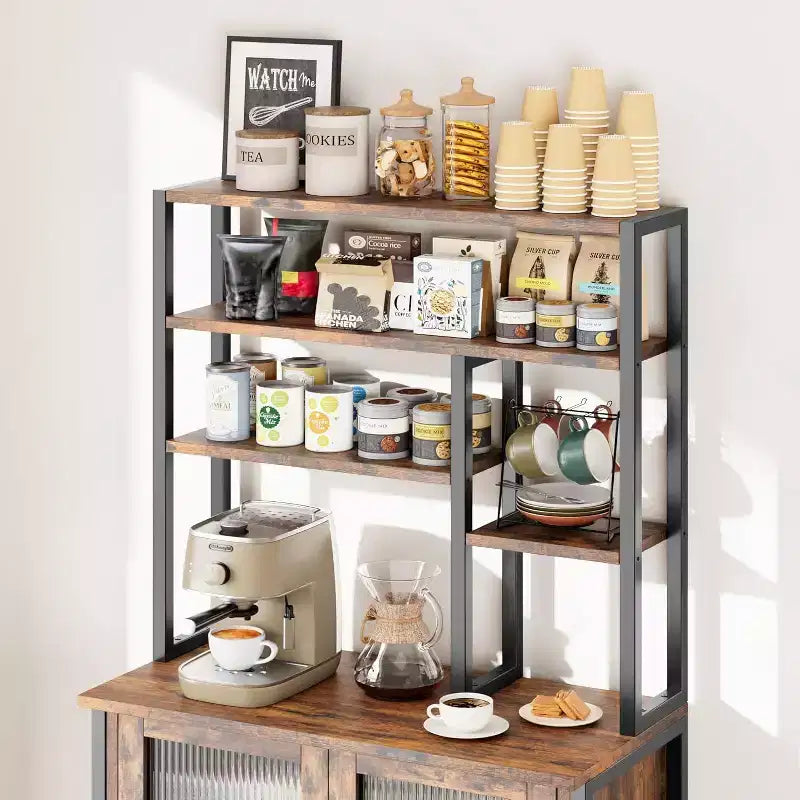 COZONY Étagère de cuisine 64" avec armoire, desserte micro-ondes 5 niveaux avec crochets et rangement de porte, meuble de bar à café industriel, marron