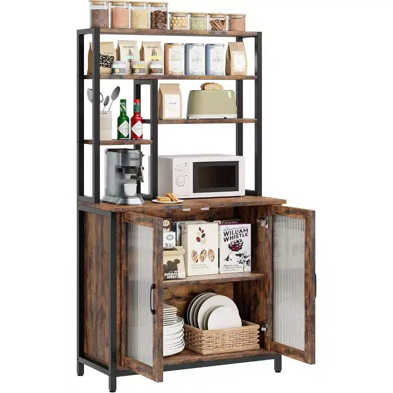 COZONY Étagère de cuisine 64" avec armoire, desserte micro-ondes 5 niveaux avec crochets et rangement de porte, meuble de bar à café industriel, marron