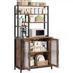 COZONY Étagère de cuisine 64" avec armoire, desserte micro-ondes 5 niveaux avec crochets et rangement de porte, meuble de bar à café industriel, marron