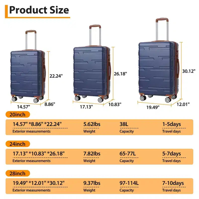 Ensemble de bagages rigides 3 pièces (20/24/28 pouces), ensemble de valises rigides légères avec roulettes multidirectionnelles, bagages cabine et soute extensibles