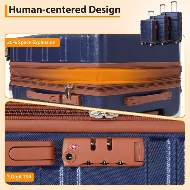 Ensemble de bagages rigides 3 pièces (20/24/28 pouces), ensemble de valises rigides légères avec roulettes multidirectionnelles, bagages cabine et soute extensibles