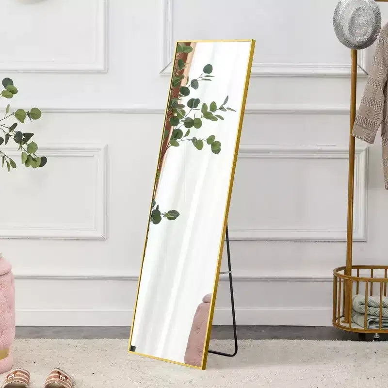 Miroir pleine longueur Okak 59*15,7 pouces avec cadre en alliage d'aluminium, miroir corporel avec support en métal, miroir de sol pour chambre à coucher, entrée, dressing, doré