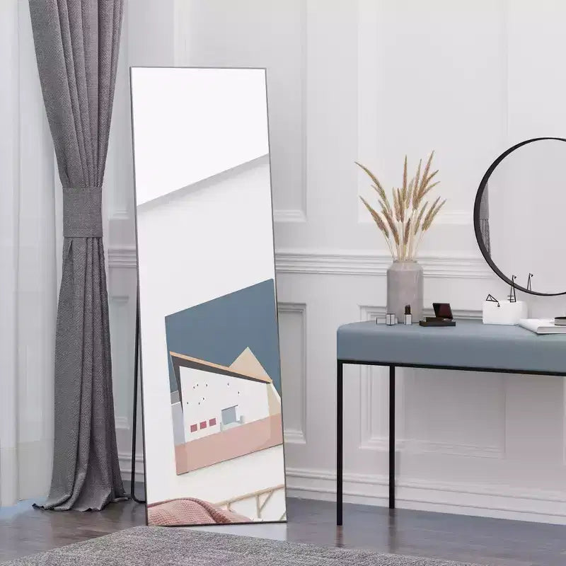 Miroir pleine longueur Okak 63.5*19.75IN en aluminium avec support en métal, miroir mural avec trous de suspension, miroir de sol pour magasin de vêtements, cabine d'essayage, noir