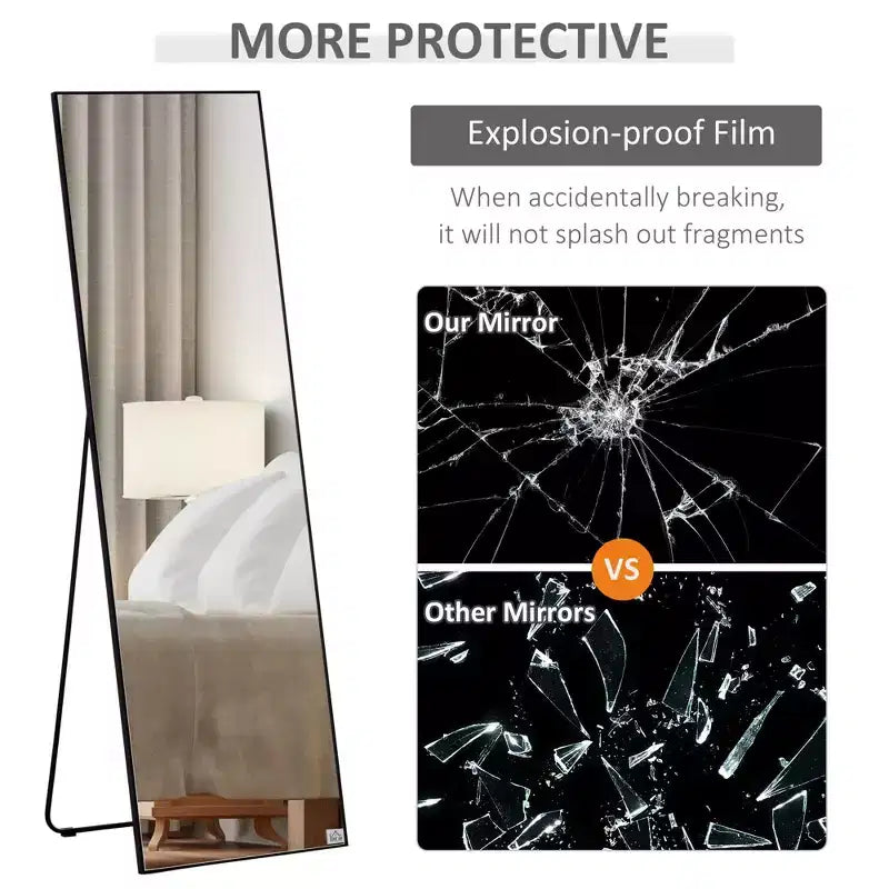 Miroir pleine longueur Okak 63.5*19.75IN en aluminium avec support en métal, miroir mural avec trous de suspension, miroir de sol pour magasin de vêtements, cabine d'essayage, noir
