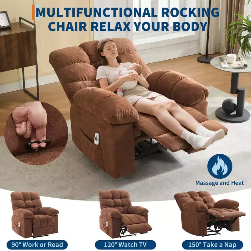 Fauteuil inclinable surdimensionné GustoWave pour adulte avec massage et chaleur, canapé inclinable rembourré en tissu respirant pour salon