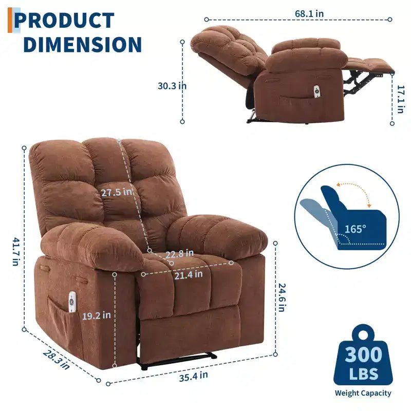 Fauteuil inclinable surdimensionné GustoWave pour adulte avec massage et chaleur, canapé inclinable rembourré en tissu respirant pour salon
