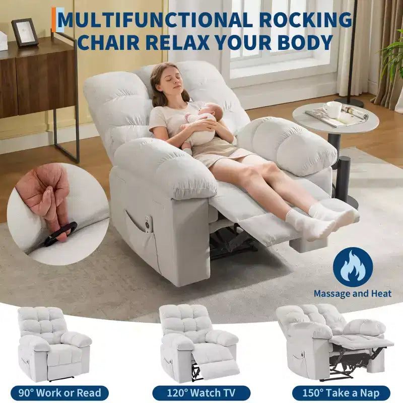 Fauteuil inclinable surdimensionné GustoWave pour adulte avec massage et chaleur, canapé inclinable rembourré en tissu respirant pour salon