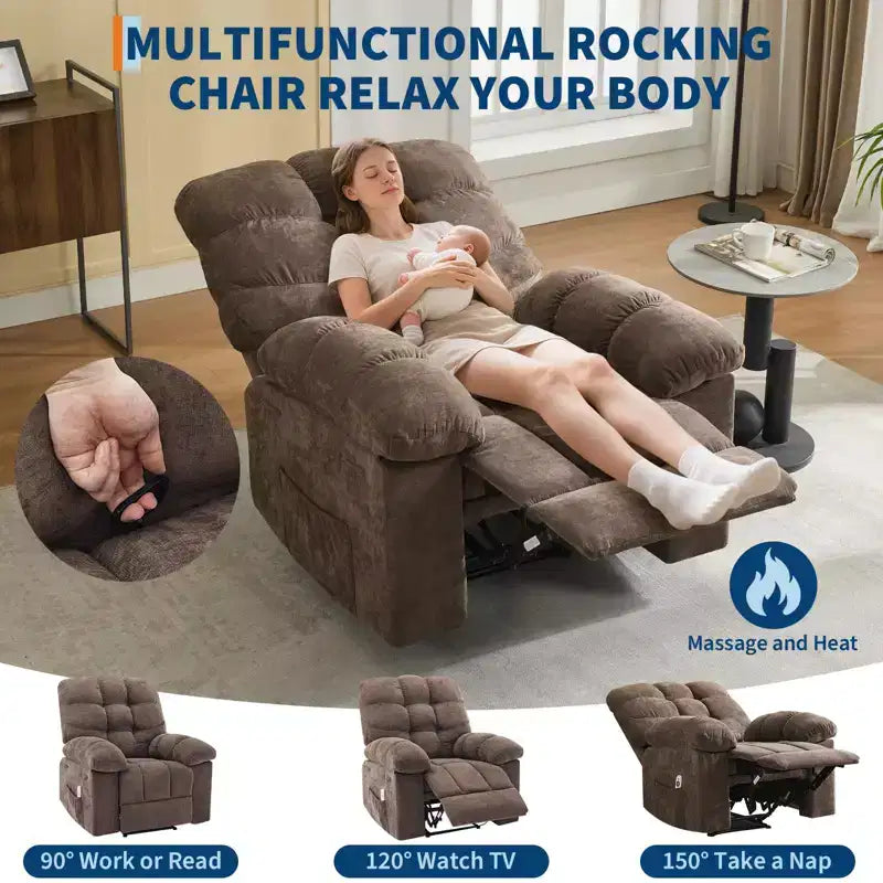 Fauteuil inclinable surdimensionné GustoWave pour adulte avec massage et chaleur, canapé inclinable rembourré en tissu respirant pour salon