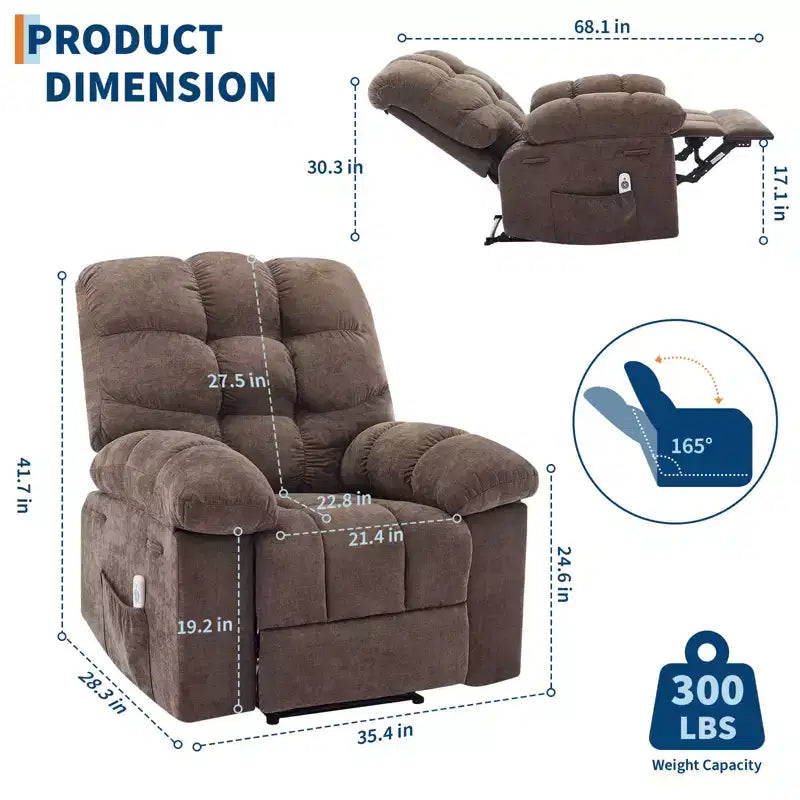 Fauteuil inclinable surdimensionné GustoWave pour adulte avec massage et chaleur, canapé inclinable rembourré en tissu respirant pour salon