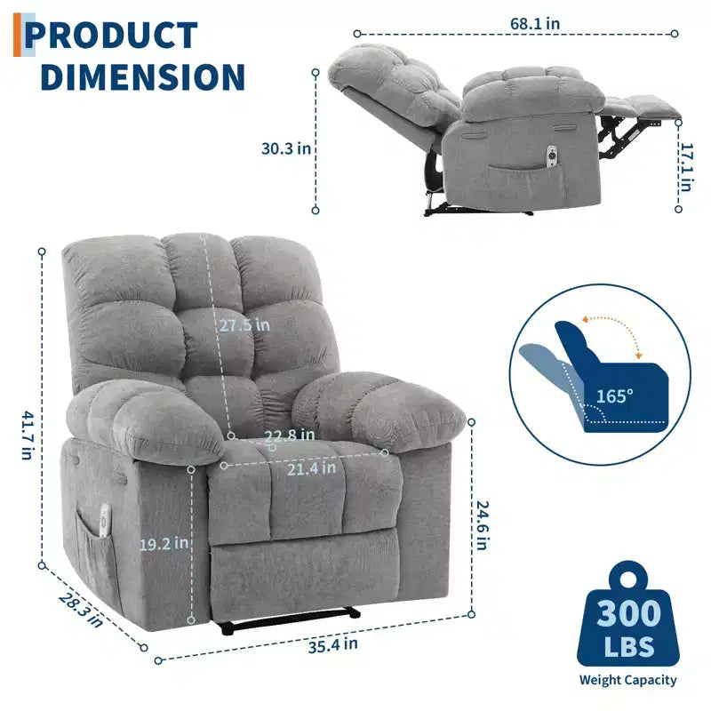 Fauteuil inclinable surdimensionné GustoWave pour adulte avec massage et chaleur, canapé inclinable rembourré en tissu respirant pour salon