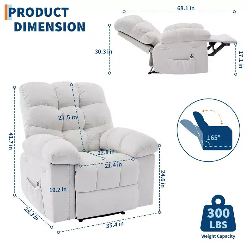 Fauteuil inclinable surdimensionné GustoWave pour adulte avec massage et chaleur, canapé inclinable rembourré en tissu respirant pour salon