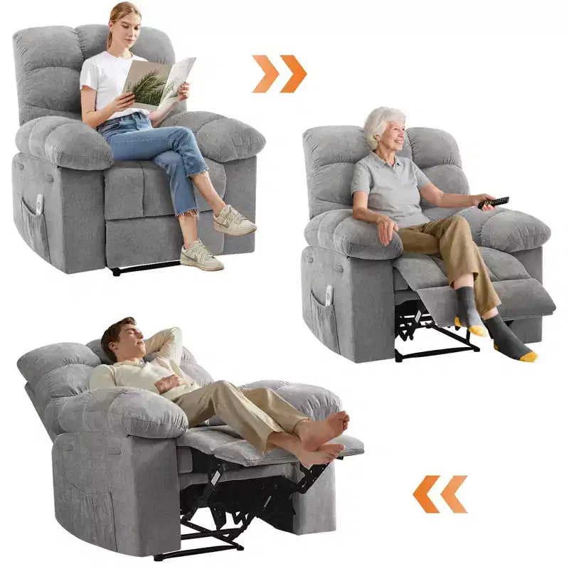 Fauteuil inclinable surdimensionné GustoWave pour adulte avec massage et chaleur, canapé inclinable rembourré en tissu respirant pour salon