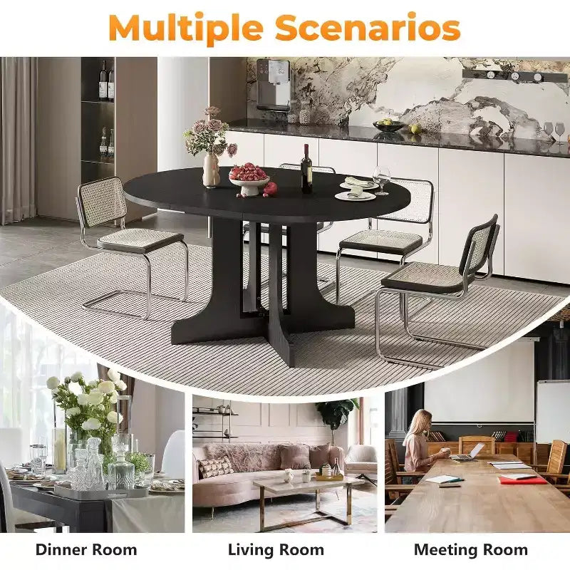 Zevemomo 43-59 Table à manger extensible, pour 4 à 6 personnes, avec rallonge amovible, piètement tréteau en X et rail métallique pour salle à manger, salon - Noir