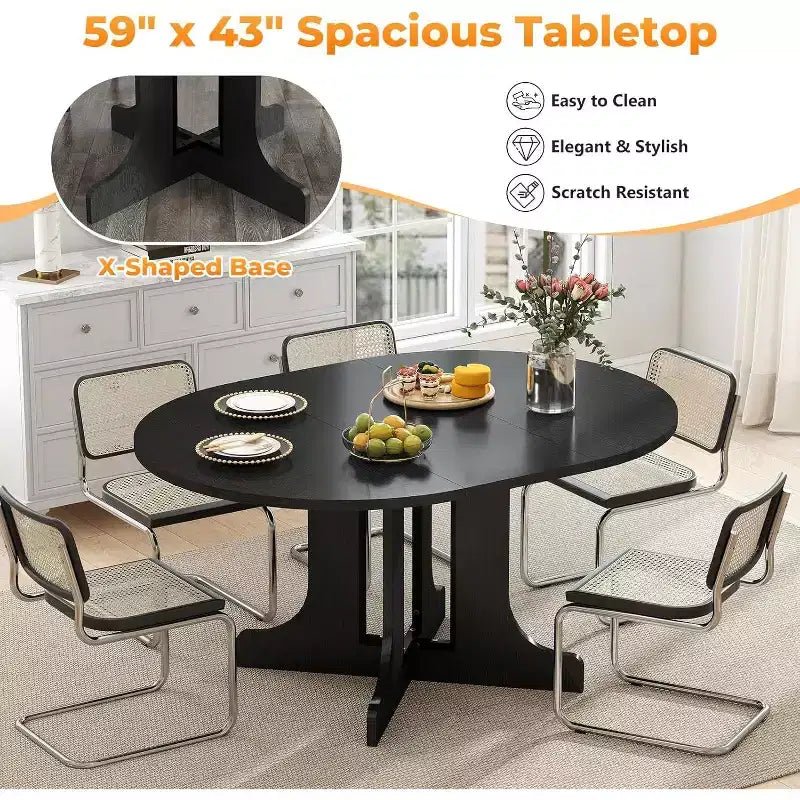 Zevemomo 43-59 Table à manger extensible, pour 4 à 6 personnes, avec rallonge amovible, piètement tréteau en X et rail métallique pour salle à manger, salon - Noir