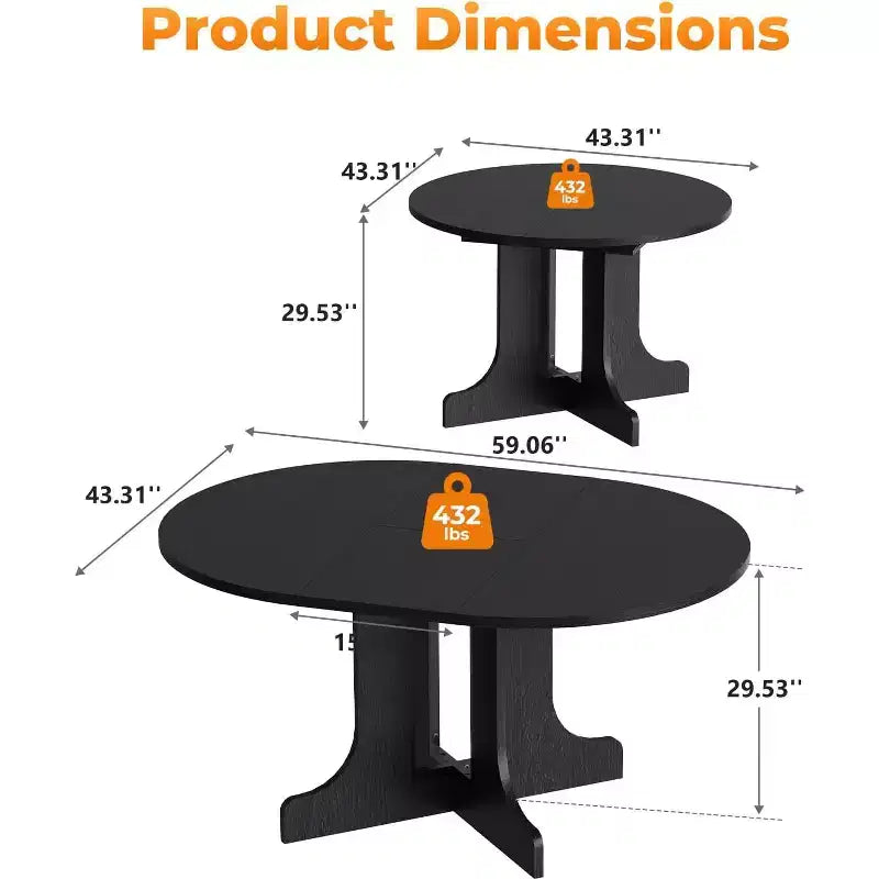 Zevemomo 43-59 Table à manger extensible, pour 4 à 6 personnes, avec rallonge amovible, piètement tréteau en X et rail métallique pour salle à manger, salon - Noir