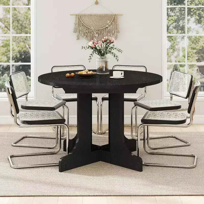 Zevemomo 43-59 Table à manger extensible, pour 4 à 6 personnes, avec rallonge amovible, piètement tréteau en X et rail métallique pour salle à manger, salon - Noir