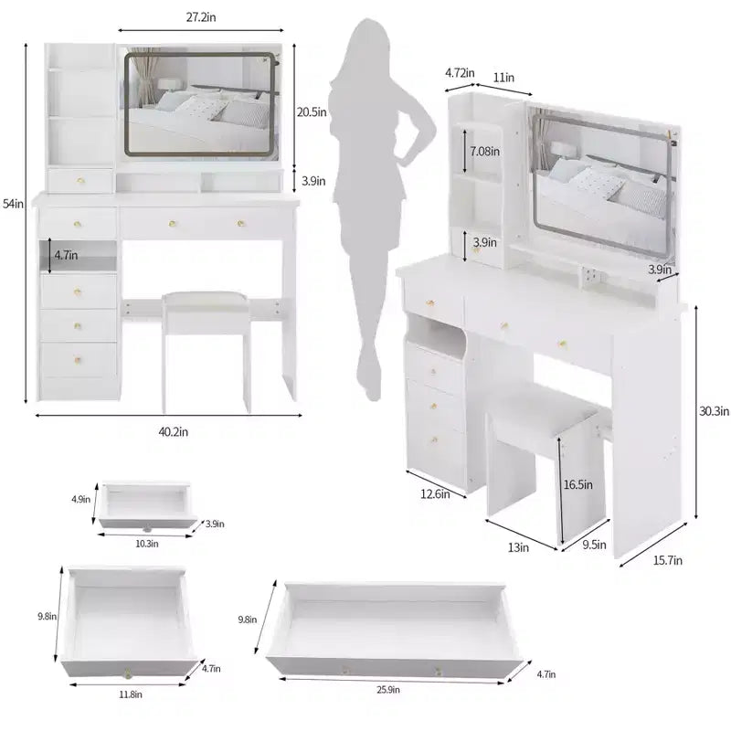 Coiffeuse de maquillage avec miroir et lumières LED, ensemble de table de maquillage avec 6 tiroirs, étagères ouvertes et tabouret rembourré